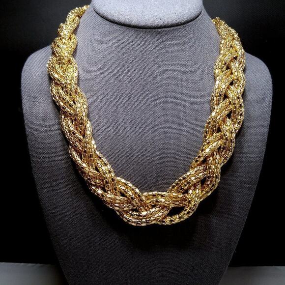 Gold Metal Mesh Braided Necklace, 24 Inches, Six Strands, Bright Shiny Gold Tone - Picture 3 of 6